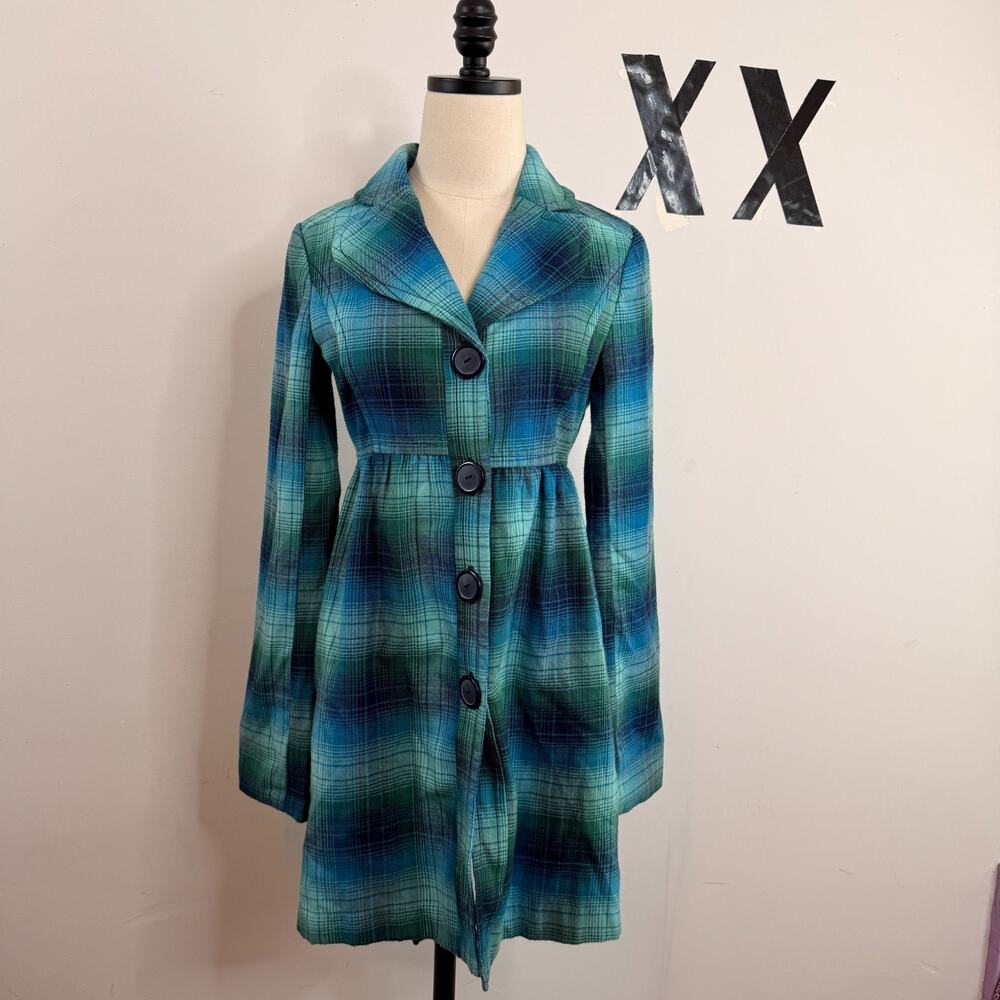 Vintage Plaid Empire Waist Peacoat Turquoise Blue Green Notch Collar Jacket S